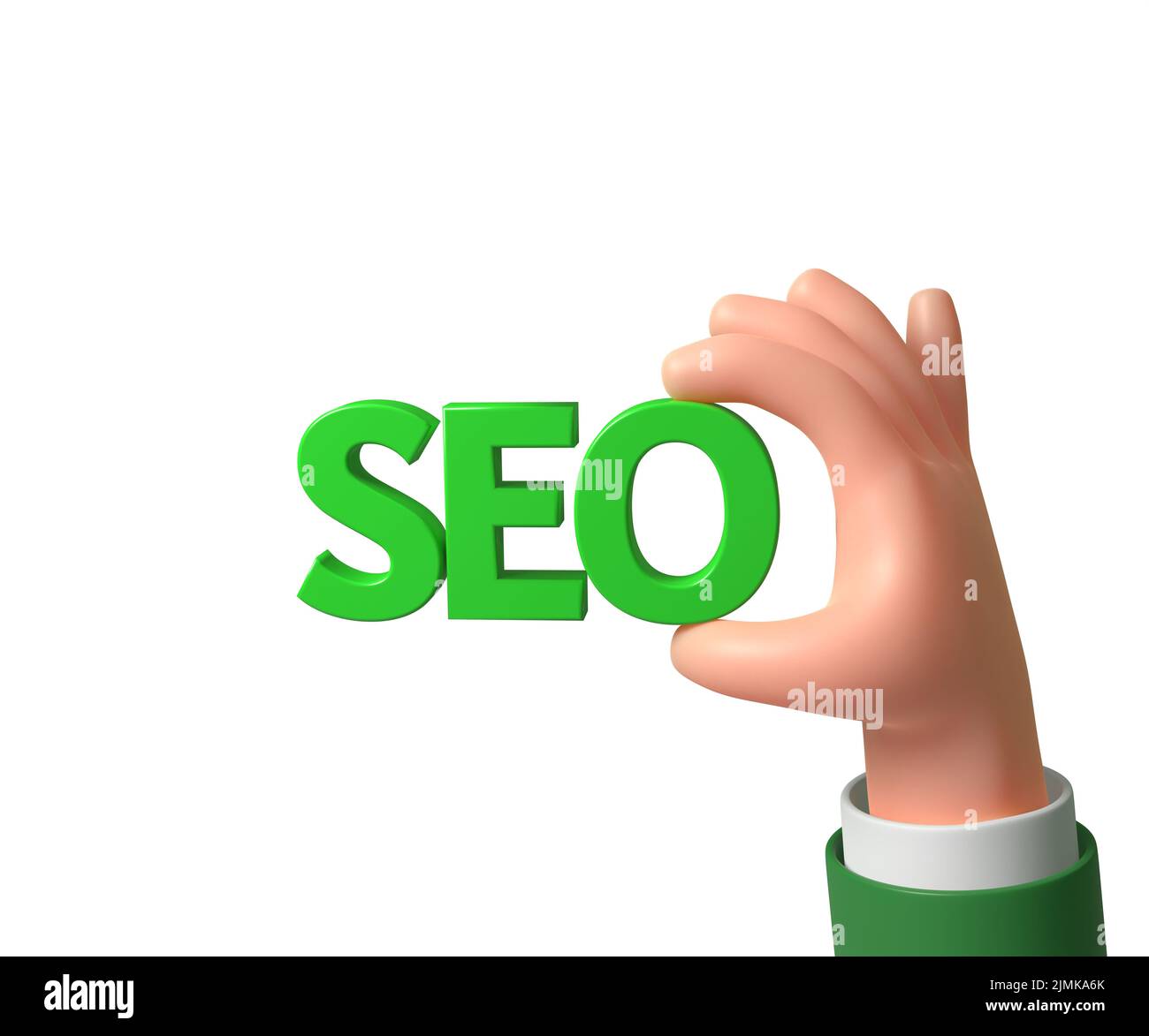 Cartoon Hand halten SEO Logo für Suchmaschinen-Optimierung und Internet-Marketing auf weißem Hintergrund 3D Illustration Stockfoto
