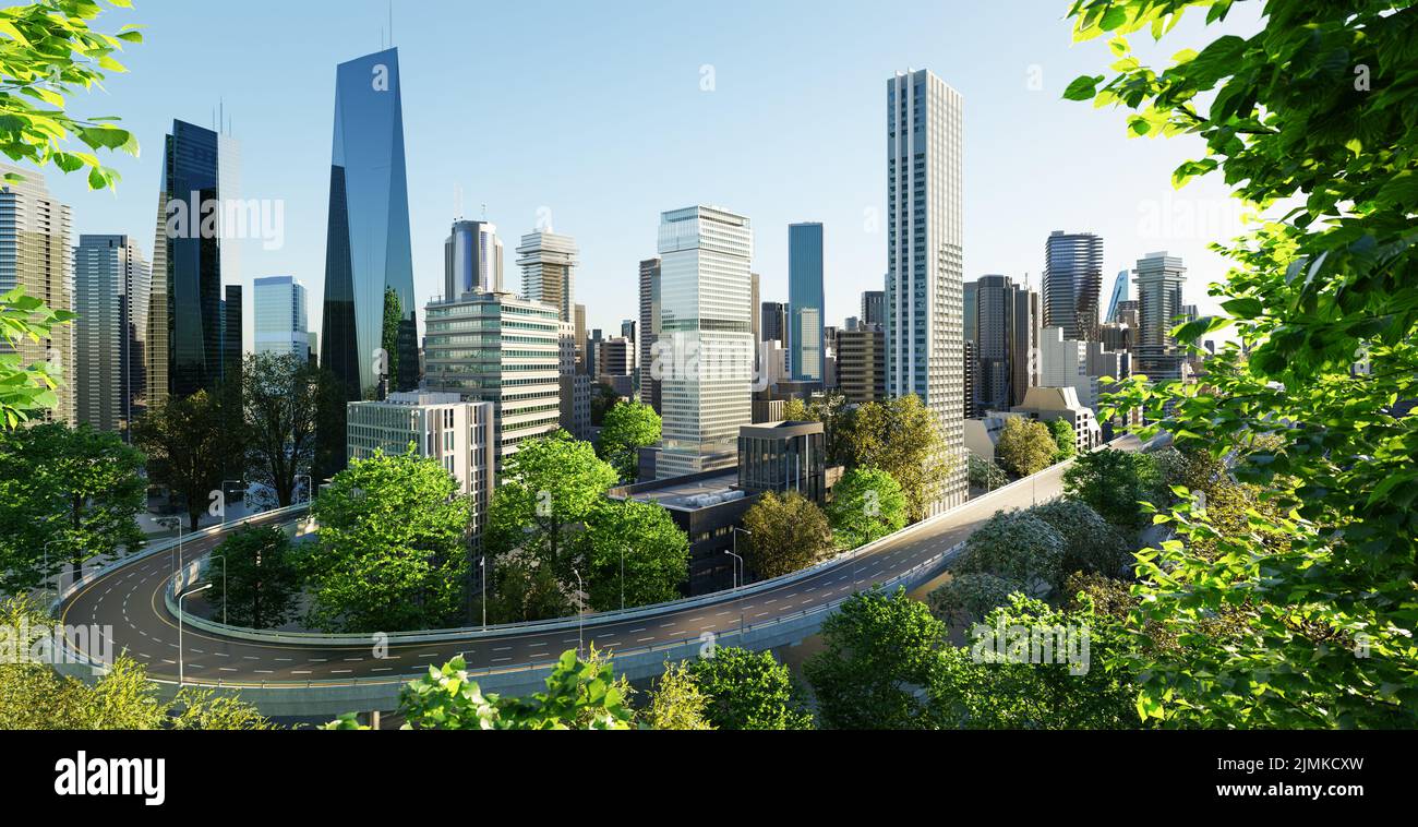 Virtuelles Design grüne Skyline mit kurviger Autobahn Stockfoto