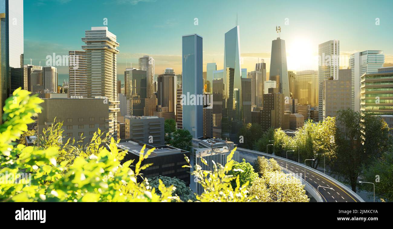Virtuelles Design grüne Skyline mit kurviger Autobahn Stockfoto
