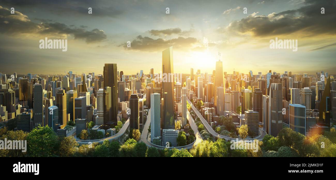 Virtuelles Design grüne Skyline mit kurviger Autobahn Stockfoto