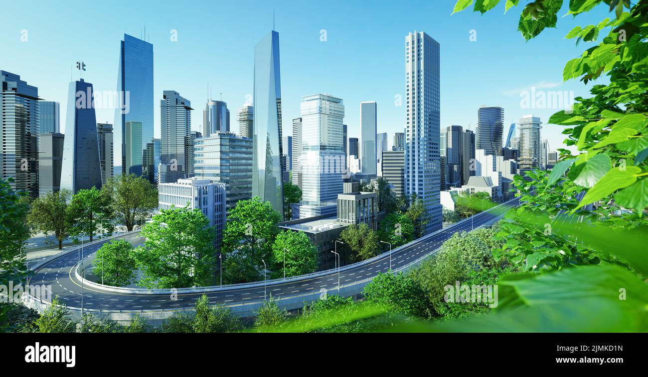 Virtuelles Design grüne Skyline mit kurviger Autobahn Stockfoto