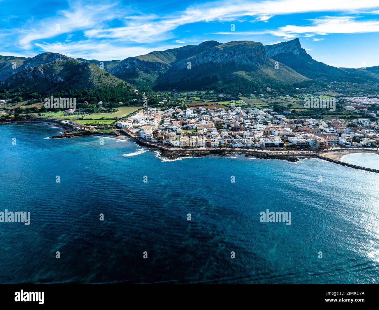 Luftaufnahme, Colonia de Sant Pere in der Nähe von Betlem, Region Arta, Mallorca, Balearen, Spanien Stockfoto