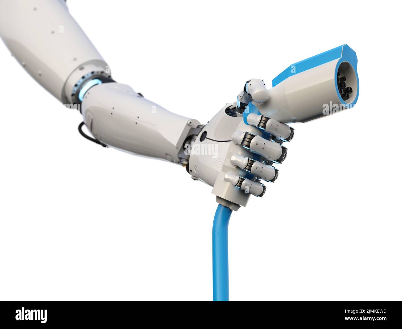 Automatische elektrische Ladestation Konzept mit 3D Rendering Roboter Hand Halten Sie das EV-Ladegerät Stockfoto