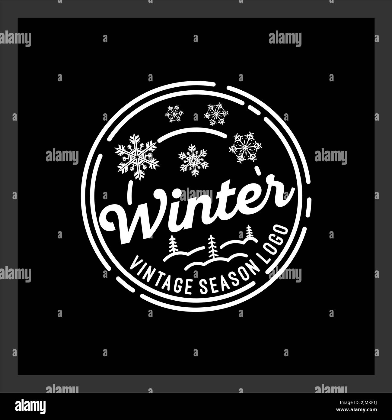 Schneeflocke Winter mit Kiefern für Winter Dezember Holiday Line Art Vintage Hipster Label Stamp Logo Design Stock Vektor