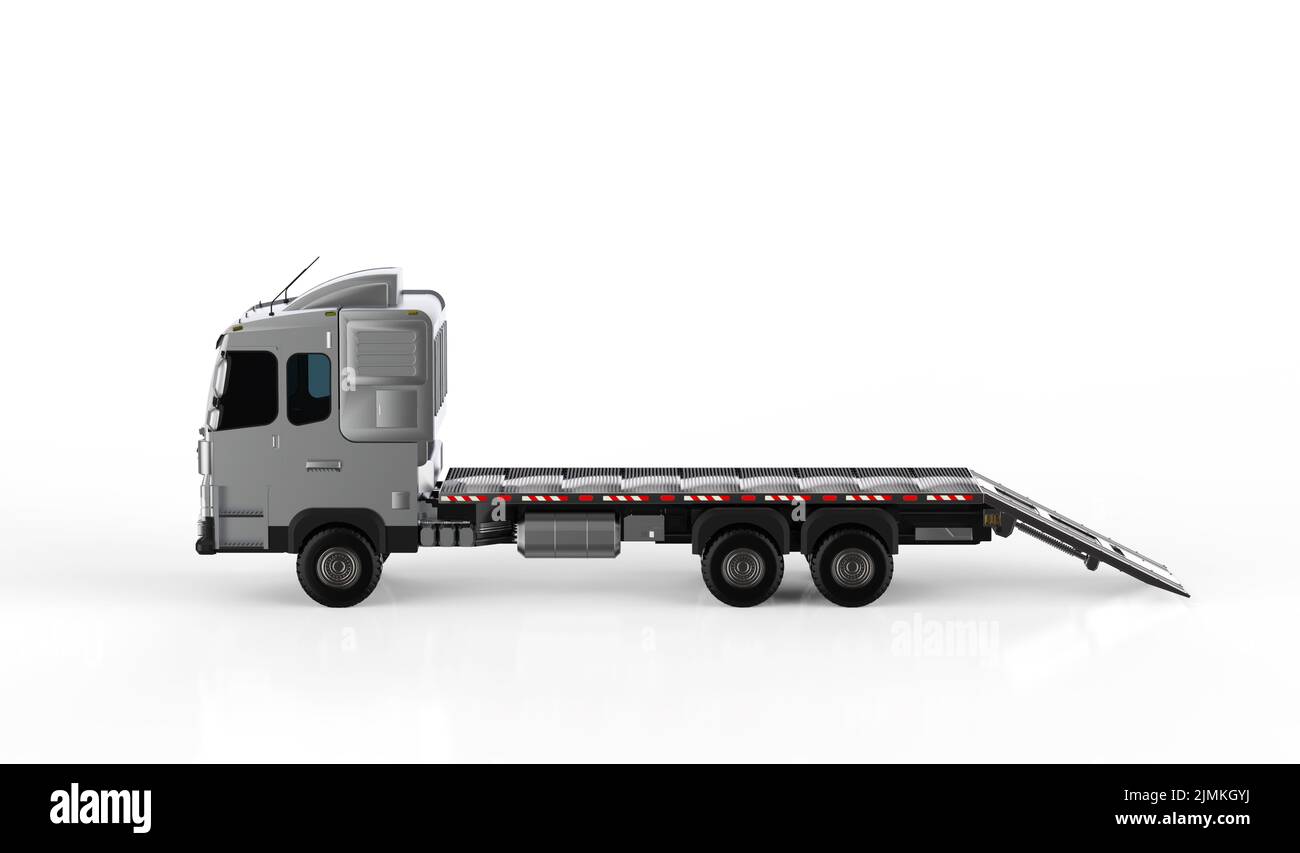 3D Rendering logistic Flachbett Anhänger LKW oder LKW auf weißem Hintergrund Stockfoto