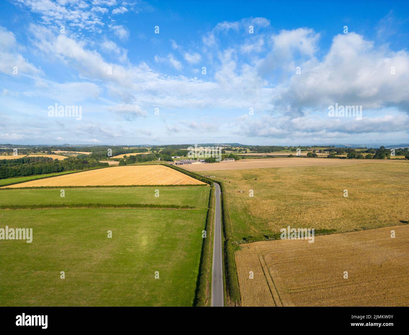 Luftaufnahme von landwirtschaftlichen Mischnutzungen in der Landschaft von West Yorkshire in Ecup, nahe Leeds. Die Landwirtschaft des Landes für Nutzpflanzen und Vieh ist typisch für das Gebiet. Stockfoto