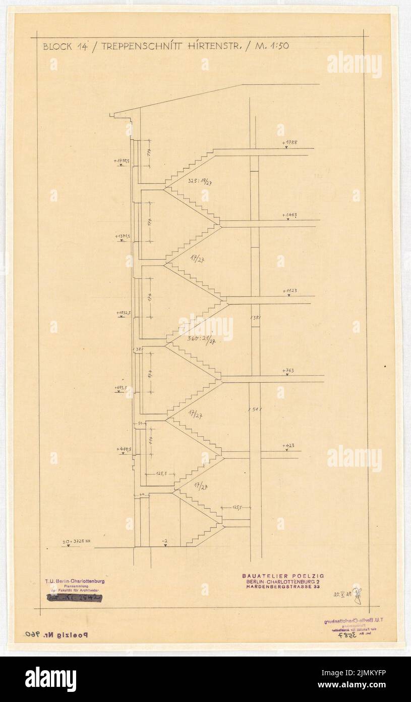 Poelzig Hans (1869-1936), Umgestaltung der Umgebung des Bülowplatzes (Scheunenviertel) in Berlin (25. Oktober 1928): Block 14, Tap Cut 1:50. Bleistift auf Transparent, 58,6 x 36,8 cm (einschließlich Scankanten) Stockfoto