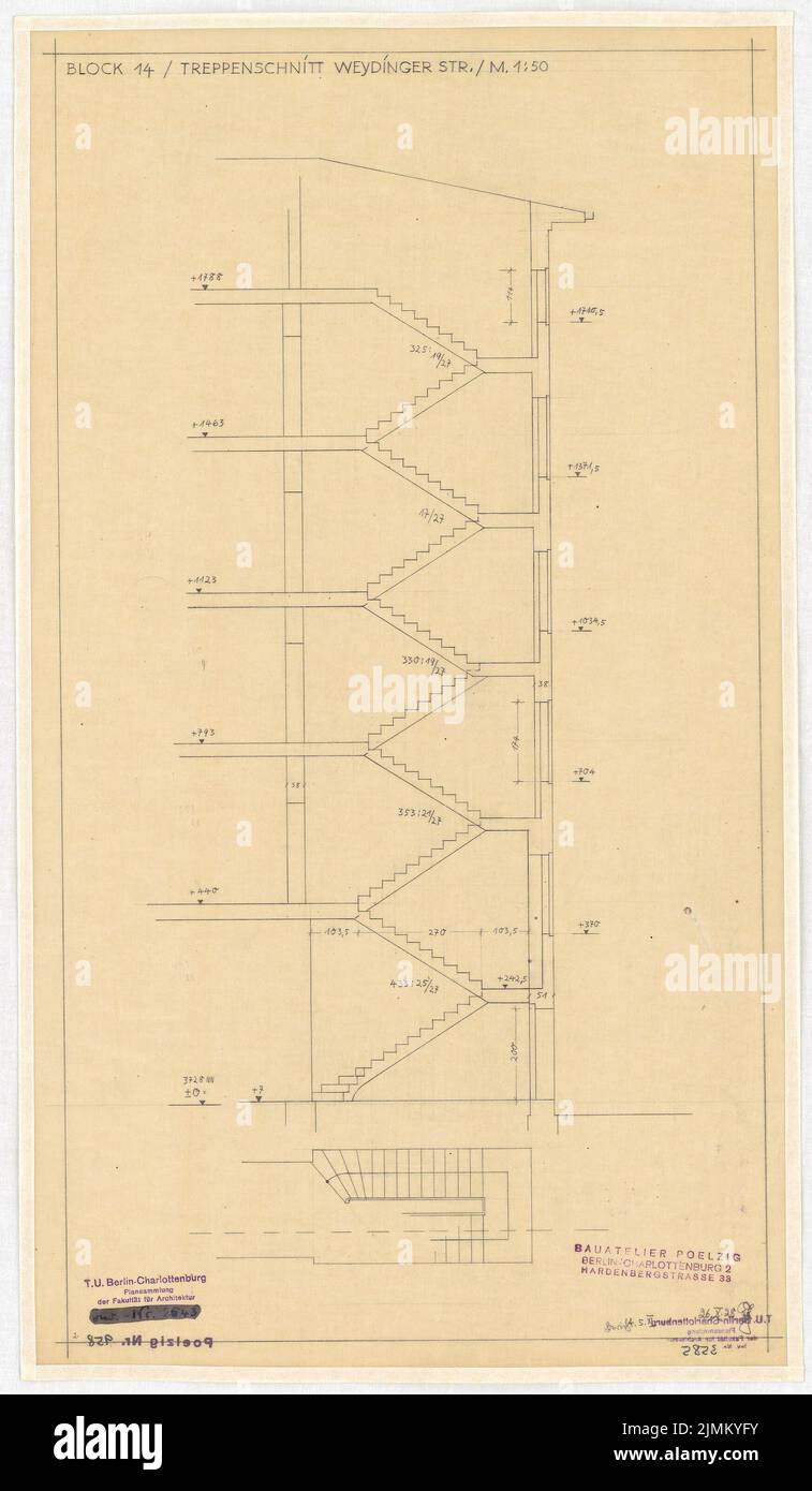 Poelzig Hans (1869-1936), Umgestaltung der Umgebung des Berliner Scheunenviertels (26. Oktober 1928): Block 14, Hahnschnitt, Grundriß 1:50. Bleistift auf Transparent, 60,7 x 35,4 cm (einschließlich Scankanten) Stockfoto