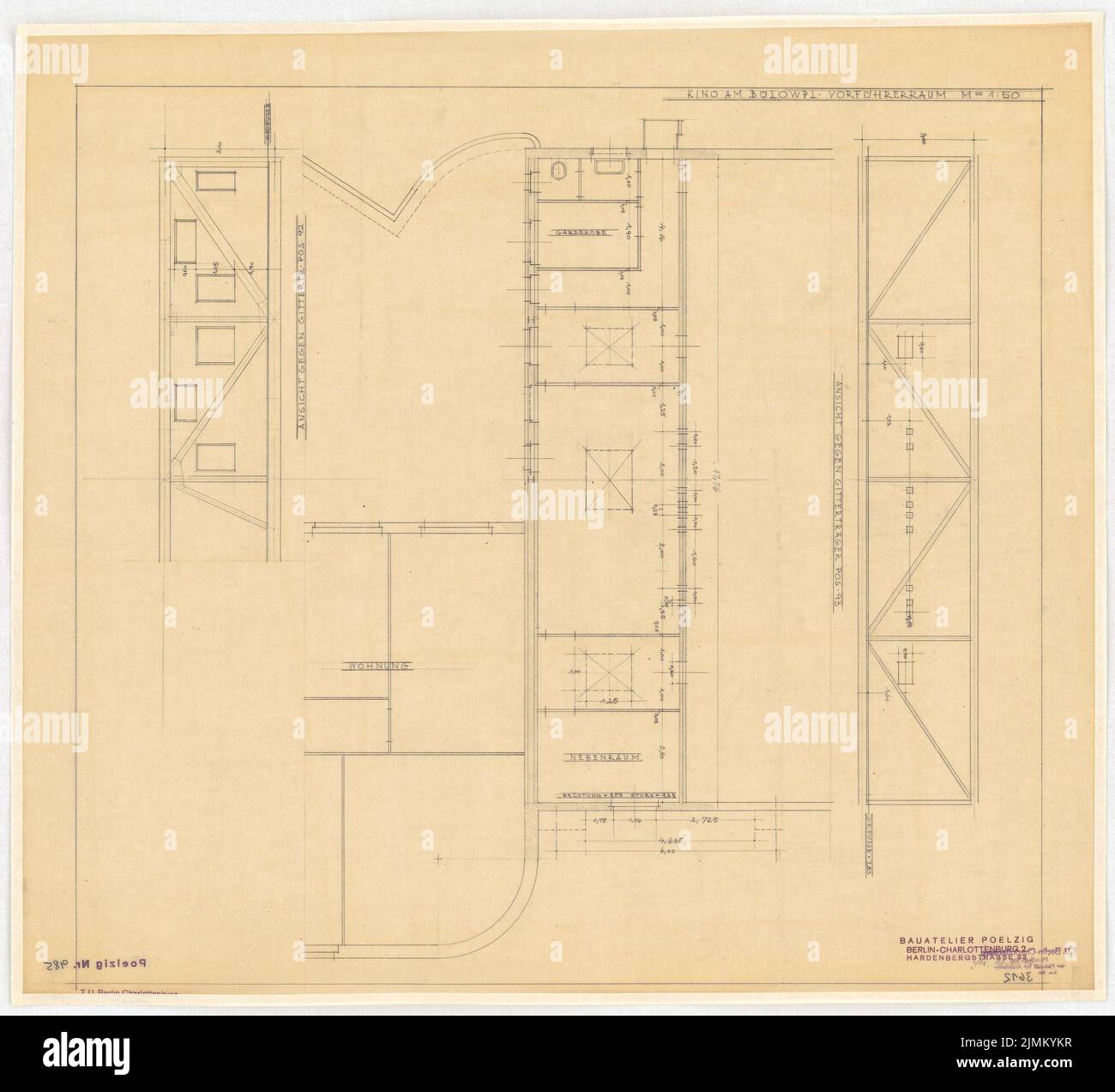 Poelzig Hans (1869-1936), Babylon Lichtpielhaus am Bülowplatz (Scheunenviertel), Berlin (20. November 1928): Block 14, Vorführraum, Grundriß, Ansichten 1:50. Bleistift auf Transparent, 55,3 x 60,8 cm (einschließlich Scankanten) Stockfoto