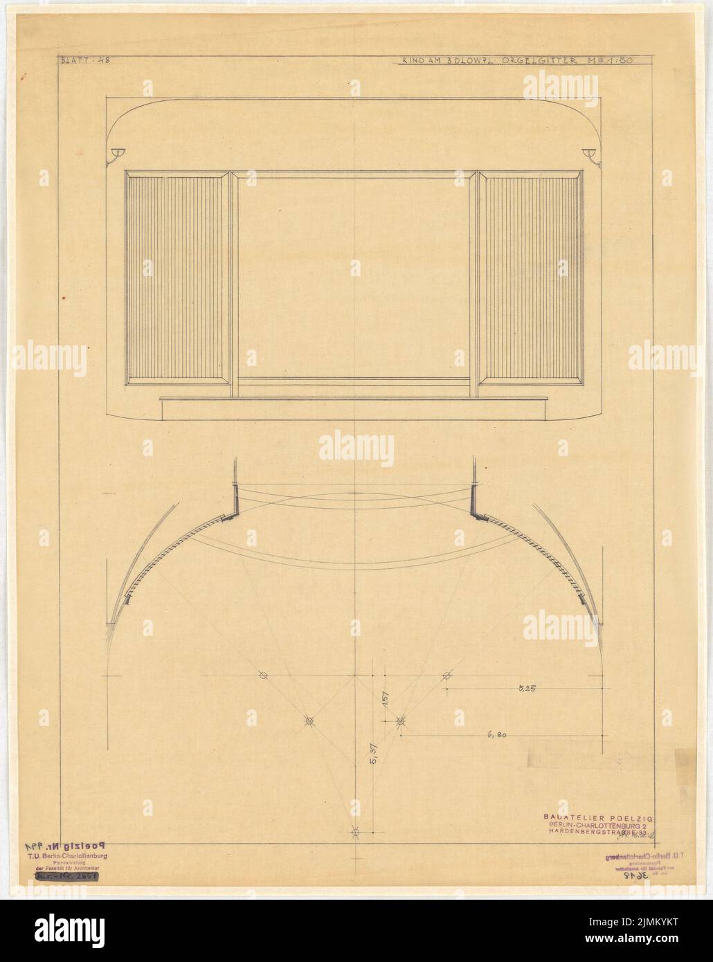 Poelzig Hans (1869-1936), Babylon Lichtpielhaus am Bülowplatz (Scheunenviertel), Berlin (26. Oktober 1928): Block 14, Orgelgrill, Ansicht, Grundriß 1:50. Bleistift auf Transparent, 60,5 x 48 cm (einschließlich Scankanten) Stockfoto