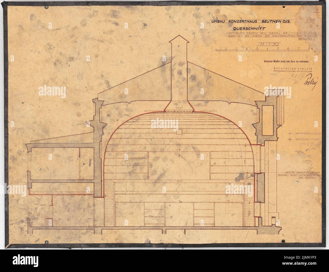 Poelzig Hans (1869-1936), Konzertsaal in Beuthen. Conversion (13. September 1927): Querschnitt gegen Rang 1:50 (nach Inv.Nr. L 3633, S. Leichtes Break-Aquarell auf der Schachtel, 47,8 x 62,9 cm (einschließlich Scankanten) Stockfoto