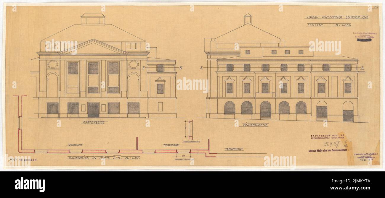 Poelzig Hans (1869-1936), Konzertsaal in Beuthen. Umbau (27. September 1927): Blick auf den Garten und Eingang Seite 1: 100. Bleistift auf Transparent, 38 x 85,2 cm (einschließlich Scankanten) Stockfoto