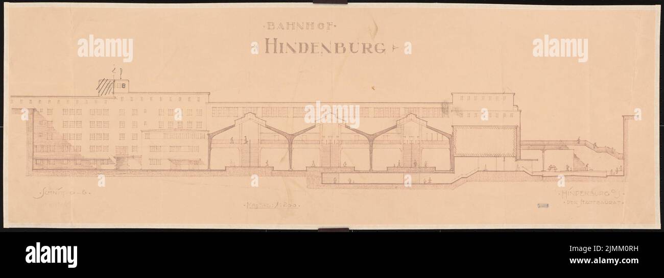 Poelzig Hans (1869-1936), City New Design Hindenburg (1925-1930): Bahnhof, Schnitt A-B 1: 200. Leichter Bruch auf Papier, 28,7 x 82,1 cm (einschließlich Scankanten) Stockfoto