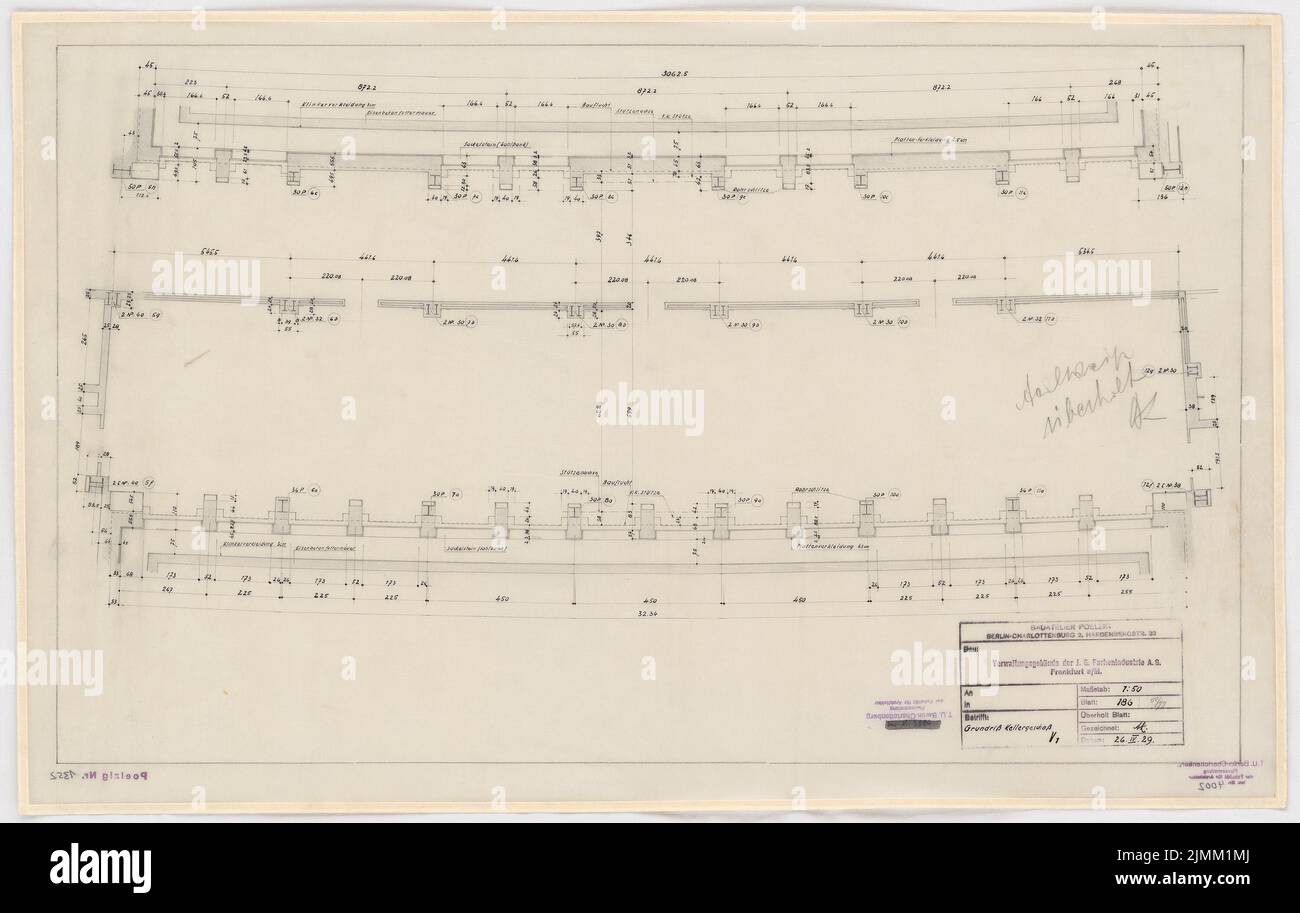 Poelzig Hans (1869-1936), I.G.-Farben in Frankfurt/Main. Verwaltungsgebäude (26. April 1929): Verbindungsflügel V 1: Grundriss Keller 1:50. Bleistift auf Transparent, 50,7 x 80 cm (einschließlich Scankanten) Stockfoto