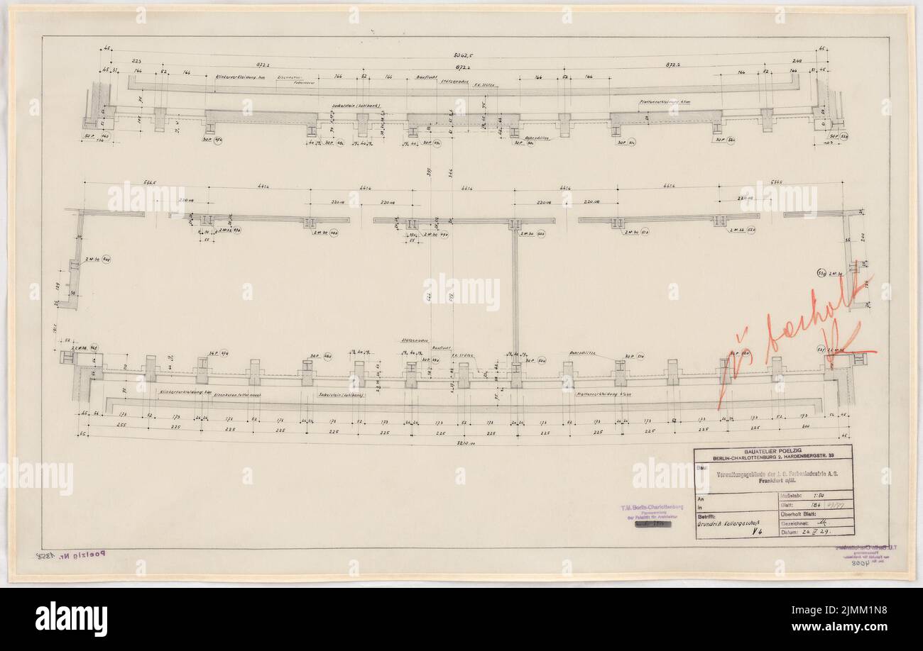 Poelzig Hans (1869-1936), I.G.-Farben in Frankfurt/Main. Verwaltungsgebäude (24. April 1929): Verbindungsflügel V 4: Grundriss Keller 1:50. Bleistift auf Transparent, 50,6 x 79,4 cm (einschließlich Scankanten) Stockfoto