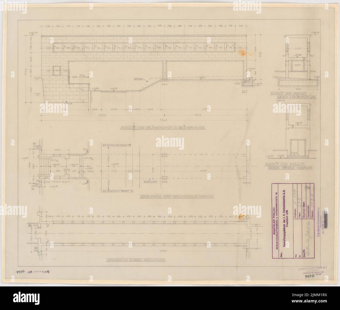 Poelzig Hans (1869-1936), I.G.-Farben in Frankfurt/Main. Verwaltungsgebäude (14. Oktober 1929): Verbindungsbrücke: Grundriss, Umriss, Geländeschnitt 1: 100. Bleistift auf Transparent, 52,1 x 61,9 cm (einschließlich Scankanten) Stockfoto