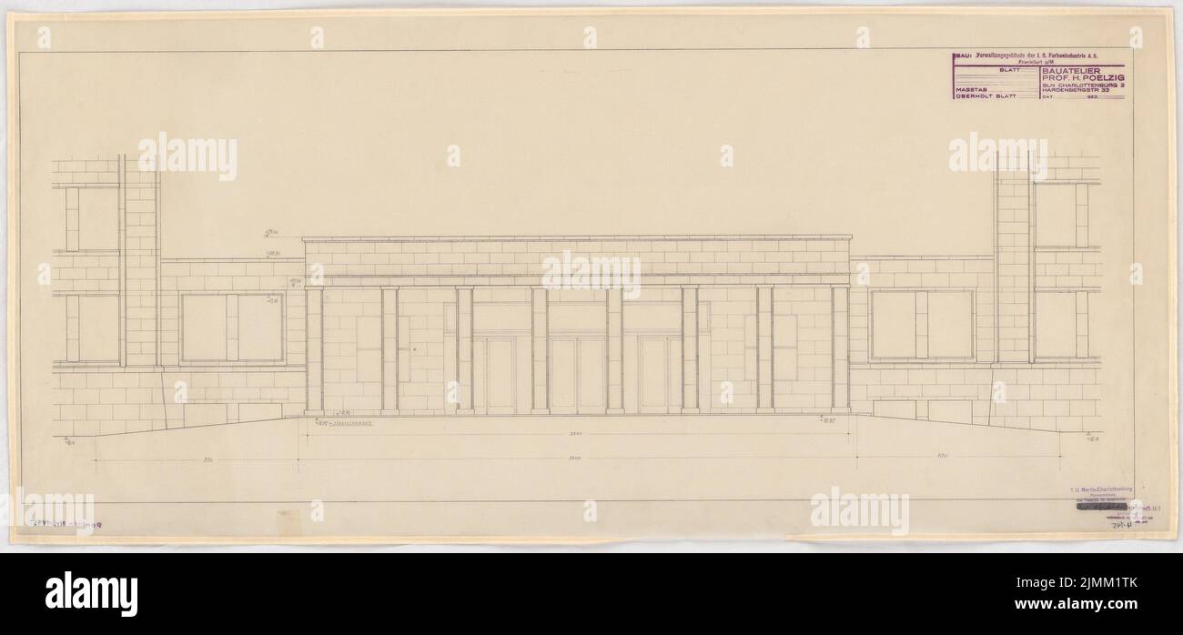 Poelzig Hans (1869-1936), I.G.-Farben in Frankfurt/Main. Verwaltungsgebäude (1928-1931): Mittelsaal: Eingangshalle, Außenansicht. Bleistift auf Transparent, 47,4 x 101,3 cm (einschließlich Scankanten) Stockfoto