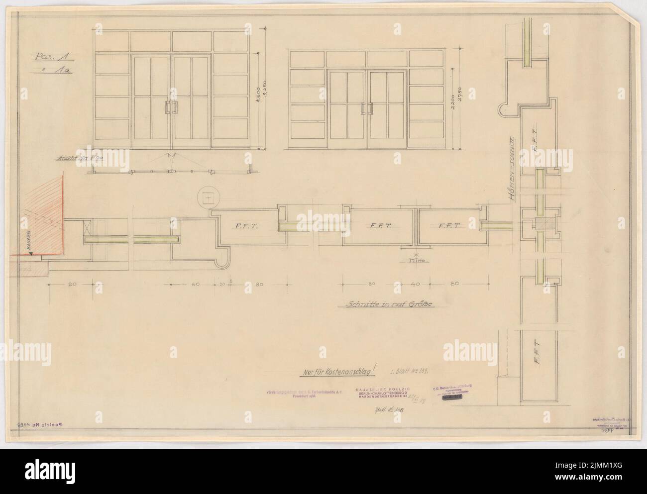 Poelzig Hans (1869-1936), I.G.-Farben in Frankfurt/Main. Verwaltungsgebäude (23.12.1929): Mittelhalle: Türen, Ansicht 1:20, Schnitte 1: 1. Bleistift auf Transparent, 61,4 x 88,3 cm (einschließlich Scankanten) Stockfoto