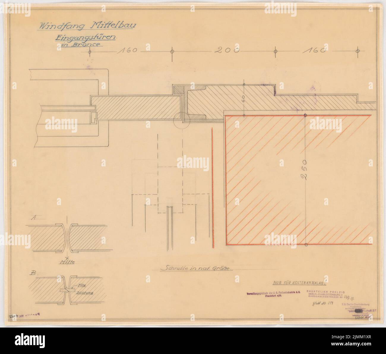 Poelzig Hans (1869-1936), I.G.-Farben in Frankfurt/Main. Verwaltungsgebäude (23. Dezember 1929): Mittelsaal: Windfang, Eingangstüren in Bronze, Schnitte 1: 1. Bleistift auf Transparent, 63,2 x 74,5 cm (einschließlich Scankanten) Stockfoto