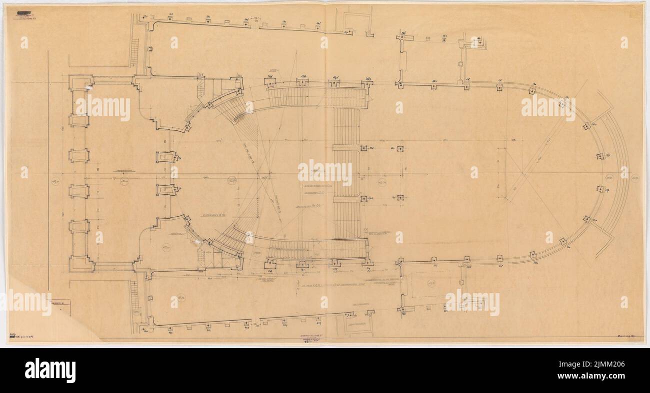 Poelzig Hans (1869-1936), I.G.-Farben, Frankfurt/Main. Verwaltungsgebäude: Mittelhalle: Grundriß. Bleistift auf transparent, 81,00 x 150,00 cm (inklusive Scankante). Stockfoto