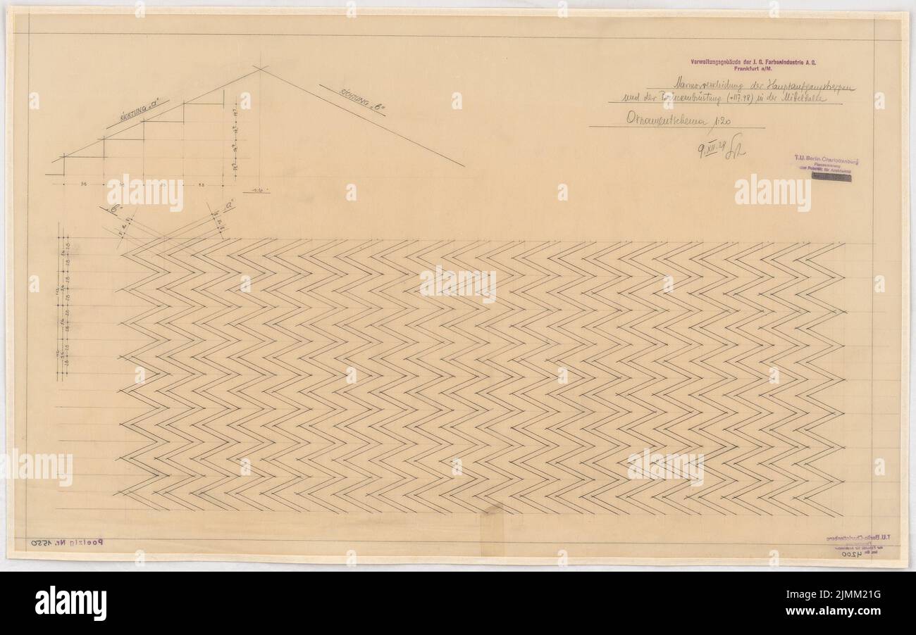 Poelzig Hans (1869-1936), I.G.-Farben in Frankfurt/Main. Verwaltungsgebäude (9. Dezember 1929): Mittelsaal: Marmorverkleidung der Haupttreppe und der Brückennäse, Verzierung 1:20. Bleistift auf Transparent, 47,3 x 75,8 cm (einschließlich Scankanten) Stockfoto