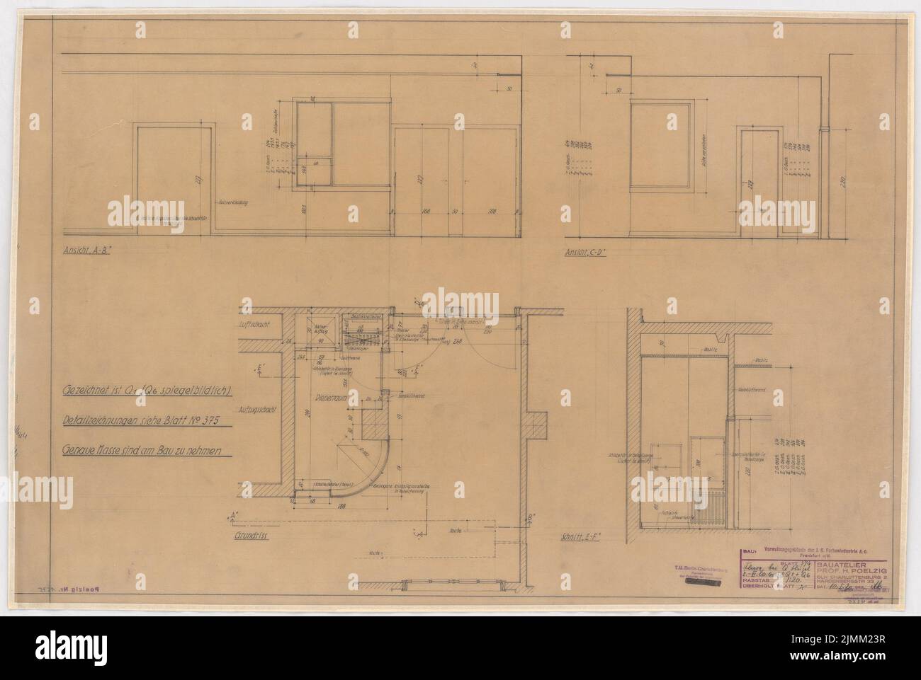 Poelzig Hans (1869-1936), I.G.-Farben in Frankfurt/Main. Verwaltungsgebäude (10.01.1930): Aufruf im Querflügel Q1/6: 1. und 2. Stock, reißen, schneiden, Grundriss 1:20. Bleistift auf Transparent, 62,2 x 92,8 cm (einschließlich Scankanten) Stockfoto