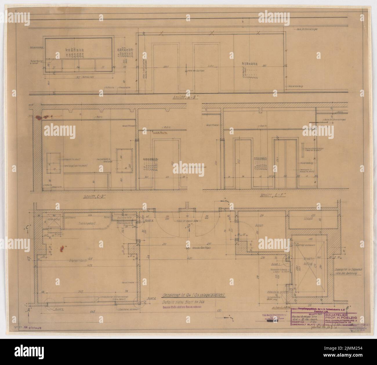 Poelzig Hans (1869-1936), I.G.-Farben in Frankfurt/Main. Verwaltungsgebäude (17. Juli 1930): Aufruf im Querflügel Q3/4: Erdgeschoss bis zum 6.. Stock, Grundriss, reißen, Schnitt 1:20. Bleistift auf Transparent, 75,7 x 84,3 cm (einschließlich Scankanten) Stockfoto