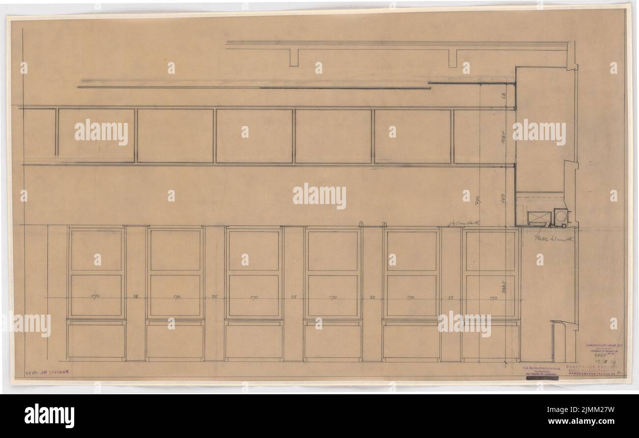 Poelzig Hans (1869-1936), I.G.-Farben in Frankfurt/Main. Verwaltungsgebäude (17. März 1929): Großer Versammlungsraum im 1.. Stock des Querflügels Q1: Schnitt B-B 1:20. Bleistift auf Transparent, 56,1 x 91 cm (einschließlich Scankanten) Stockfoto