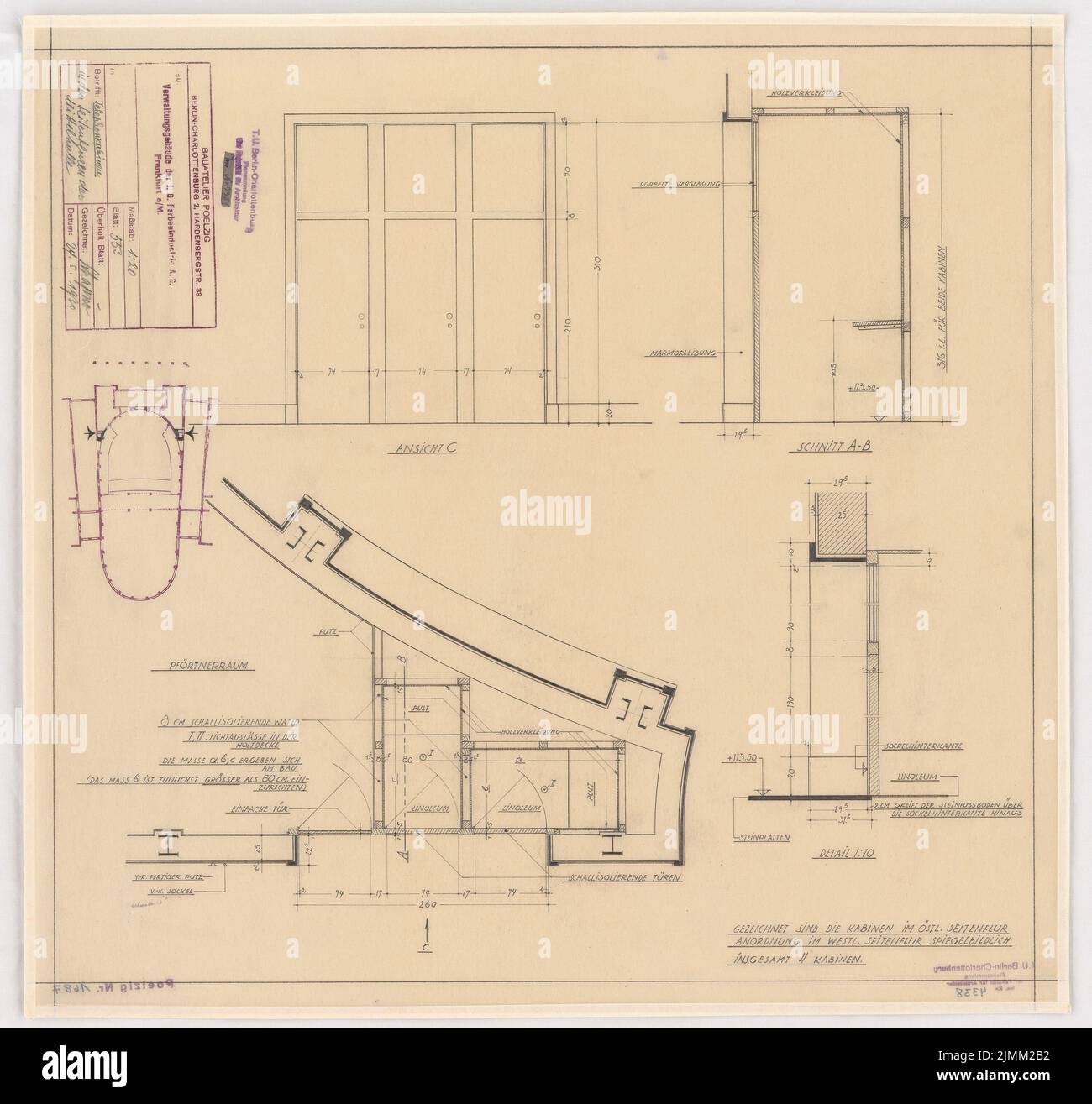 Poelzig Hans (1869-1936), I.G.-Farben in Frankfurt/Main. Verwaltungsgebäude (24. Mai 1930): Telefonkabinen in den Seitenfluren des Mittelsaals: Grundriß, aufrecht, Schnitt 1:20. Bleistift auf Transparent, 53 x 56,2 cm (einschließlich Scankanten) Stockfoto