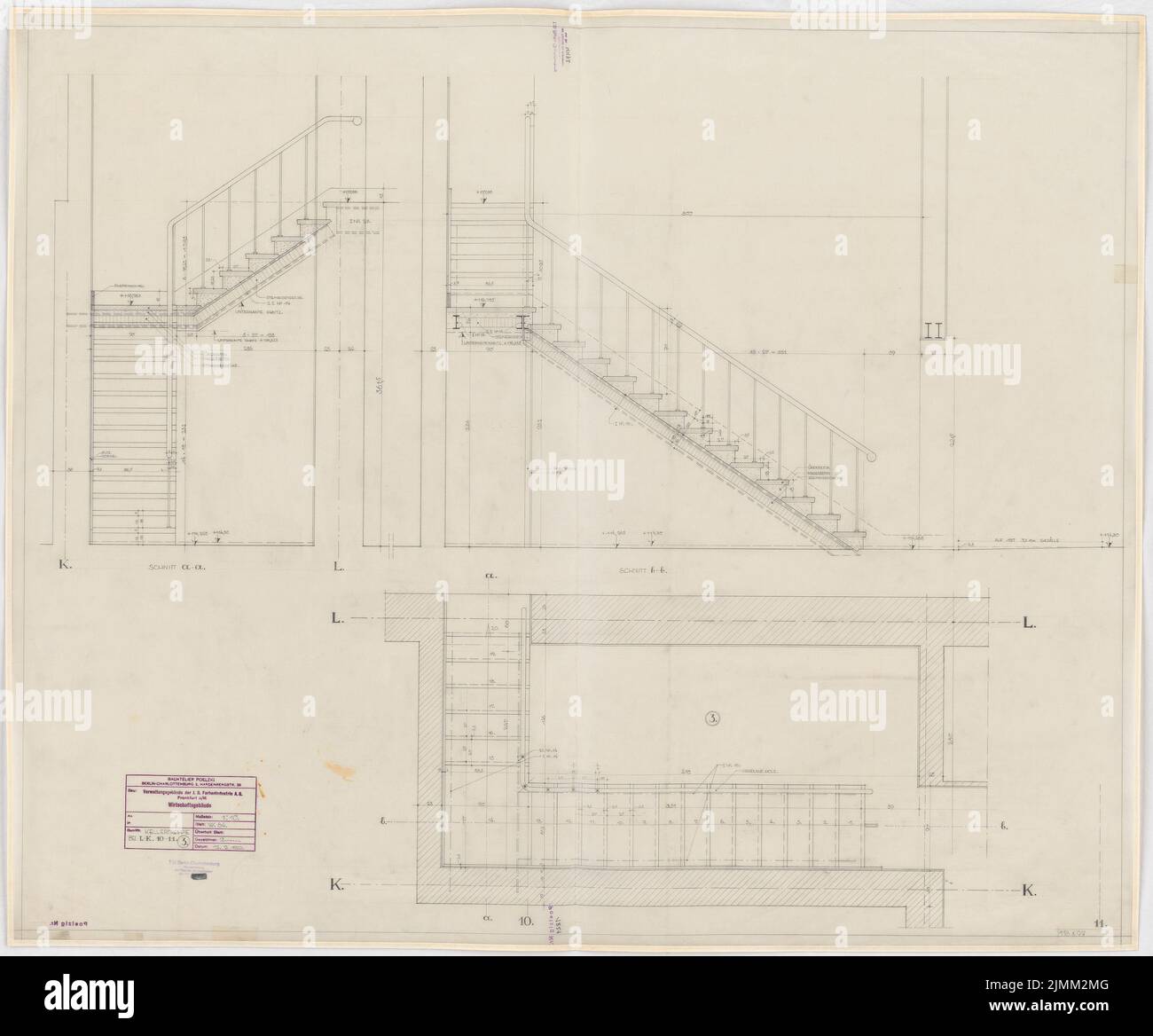 Poelzig Hans (1869-1936), I.G.-Farben in Frankfurt/Main. Verwaltungsgebäude (12. September 1929): Landwirtschaftsgebäude: Kellertreppe bei L-K 10-11, Grundriß, Schnitt 1:10. Bleistift auf Transparent, 100,1 x 120,7 cm (einschließlich Scankanten) Stockfoto