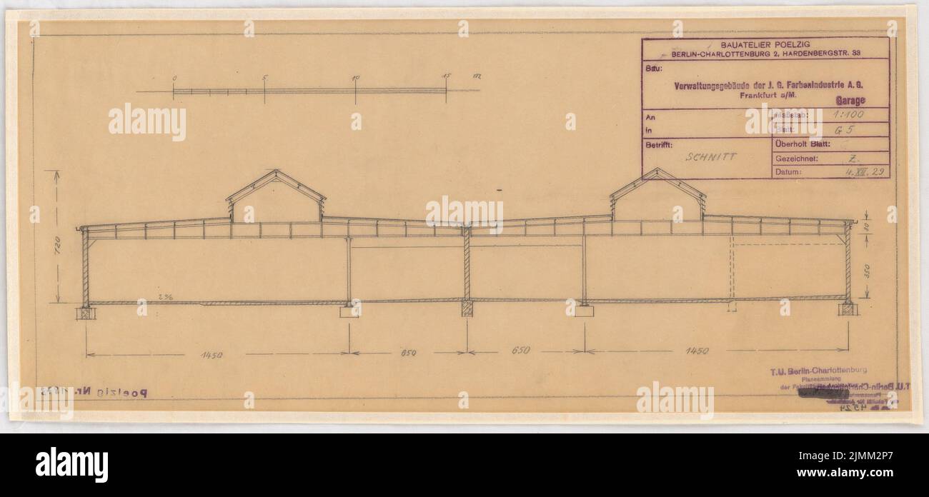 Poelzig Hans (1869-1936), I.G.-Farben in Frankfurt/Main. Verwaltungsgebäude (4. Dezember 1929): Garage: Querschnitte 1: 100. Bleistift auf Transparent, 23,8 x 51,1 cm (einschließlich Scankanten) Stockfoto