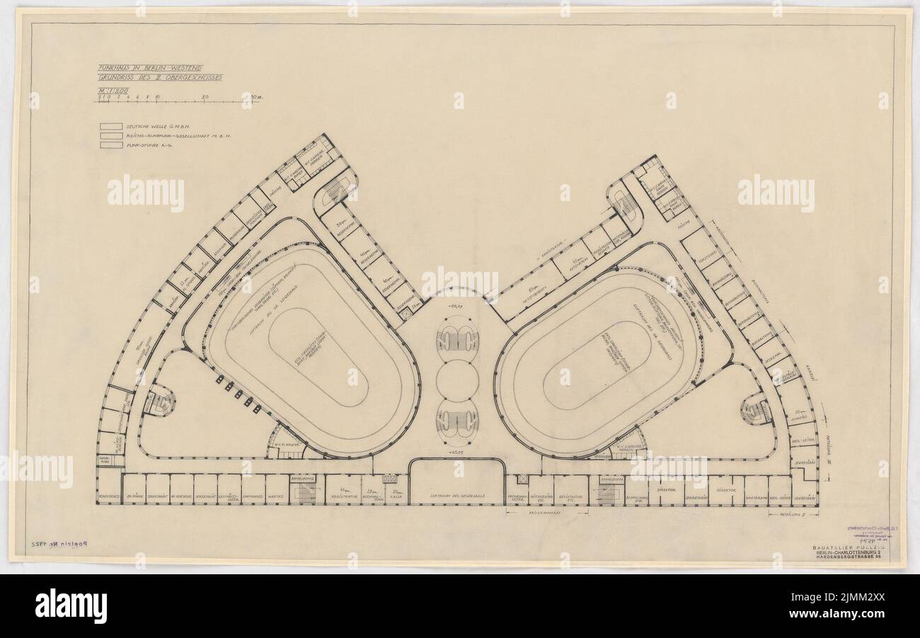 Poelzig Hans (1869-1936), Haus des Rundfunk, Berlin (1928-1930): (Wettbewerbsentwurf) Grundriß 2. OG 1: 200. Bleistift auf Transparent, 60 x 96,2 cm (einschließlich Scankanten) Stockfoto