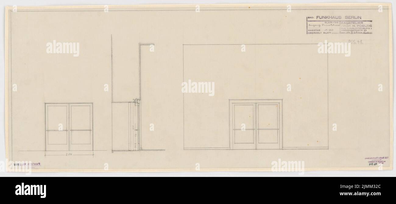 Poelzig Hans (1869-1936), Haus des Rundfunks, Berlin (14. Oktober 1929): Ausführungsprojekt, Eingang Privatstraße, Aufrecht, Durchschnitt 1:20. Bleistift auf Transparent, 39,8 x 89 cm (einschließlich Scankanten) Stockfoto