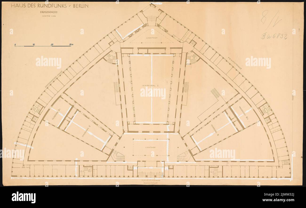 Poelzig Hans (1869-1936), Haus des Rundfunks, Berlin (1928-1930): (Unz. Entwurf) Grundriß EG 1: 100. Leichte Bruchhöhe auf Papier, 101,5 x 166,1 cm (einschließlich Scankanten) Stockfoto