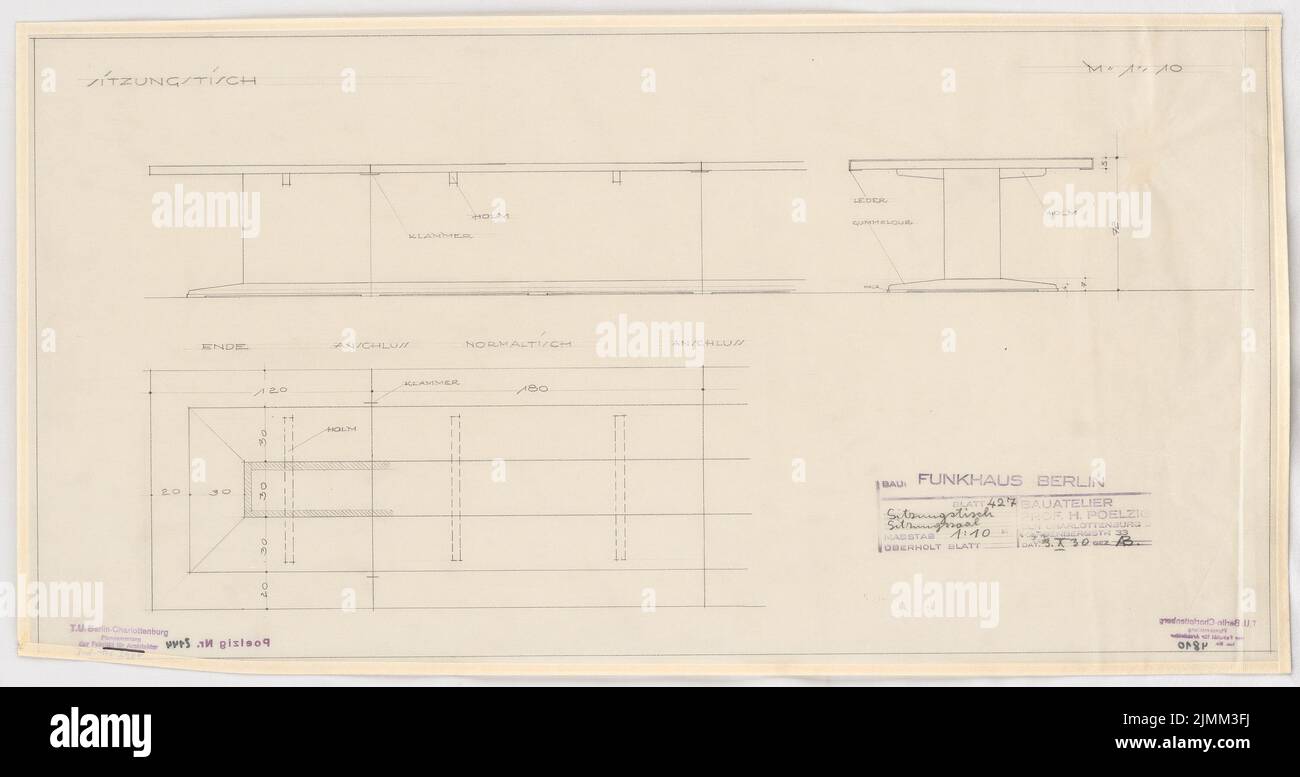 Poelzig Hans (1869-1936), Haus des Rundfunks, Berlin (03.10.1930): Ausführungsprojekt, Besprechungsraum, Besprechungstisch, Grundriß, Schnitte 1:10. Bleistift auf Transparent, 37,4 x 70,7 cm (einschließlich Scankanten) Stockfoto