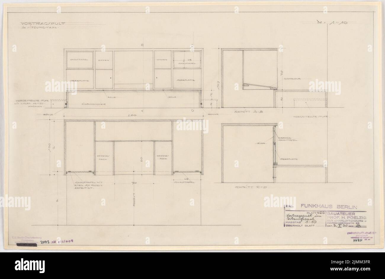 Poelzig Hans (1869-1936), Haus des Rundfunk, Berlin (03.10.1930): Ausführungsprojekt, Besprechungsraum, Vortrag, Grundriß, aufrecht, Schnitt 1:10. Bleistift auf Transparent, 45,4 x 69,1 cm (einschließlich Scankanten) Stockfoto