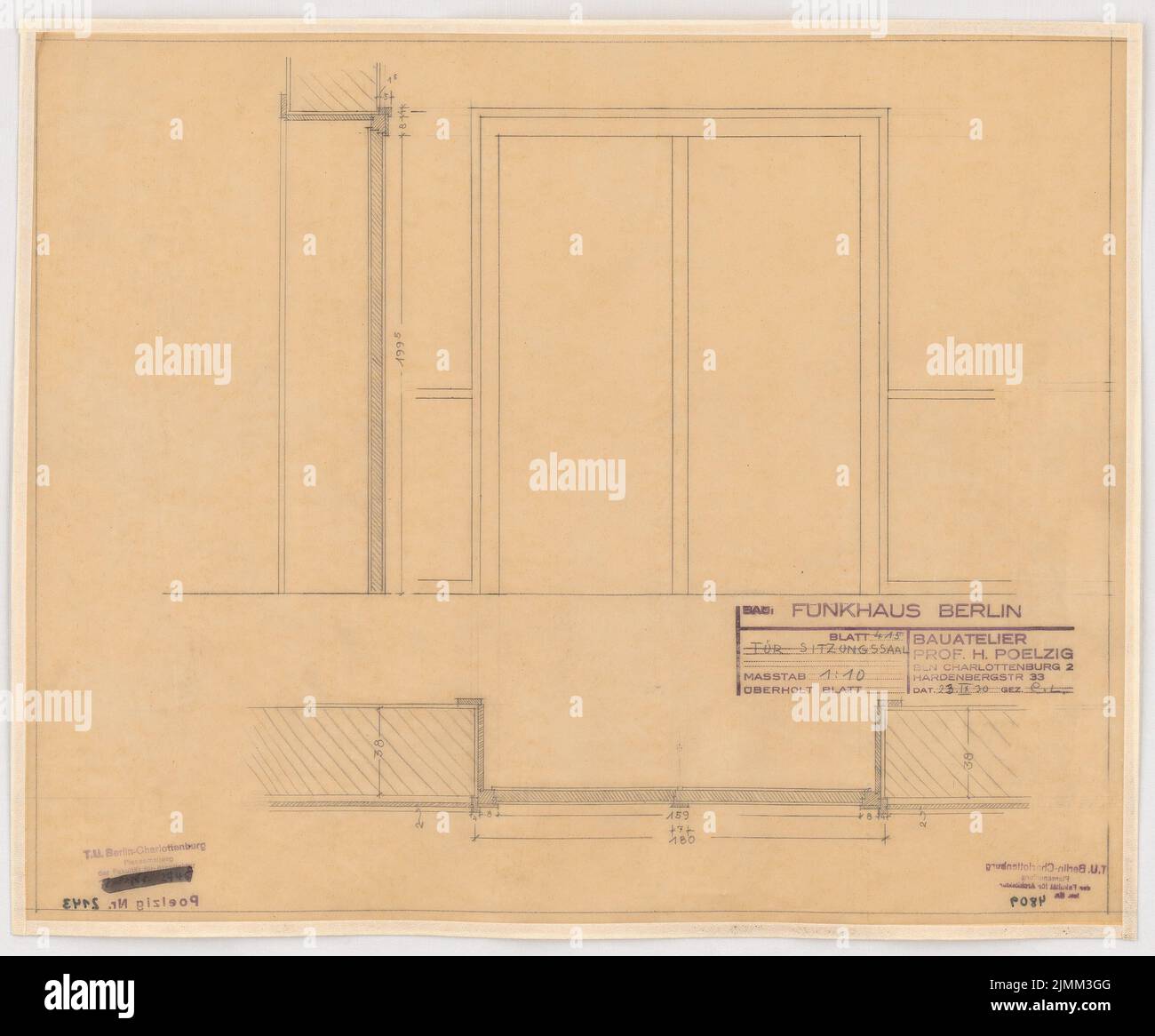 Poelzig Hans (1869-1936), Haus des Rundfunks, Berlin (23. September 1930): Ausführungsprojekt, Versammlungsraum, Tür, Grundriss, gerissen, geschnitten 1:10. Bleistift auf Transparent, 41,7 x 50,4 cm (einschließlich Scankanten) Stockfoto