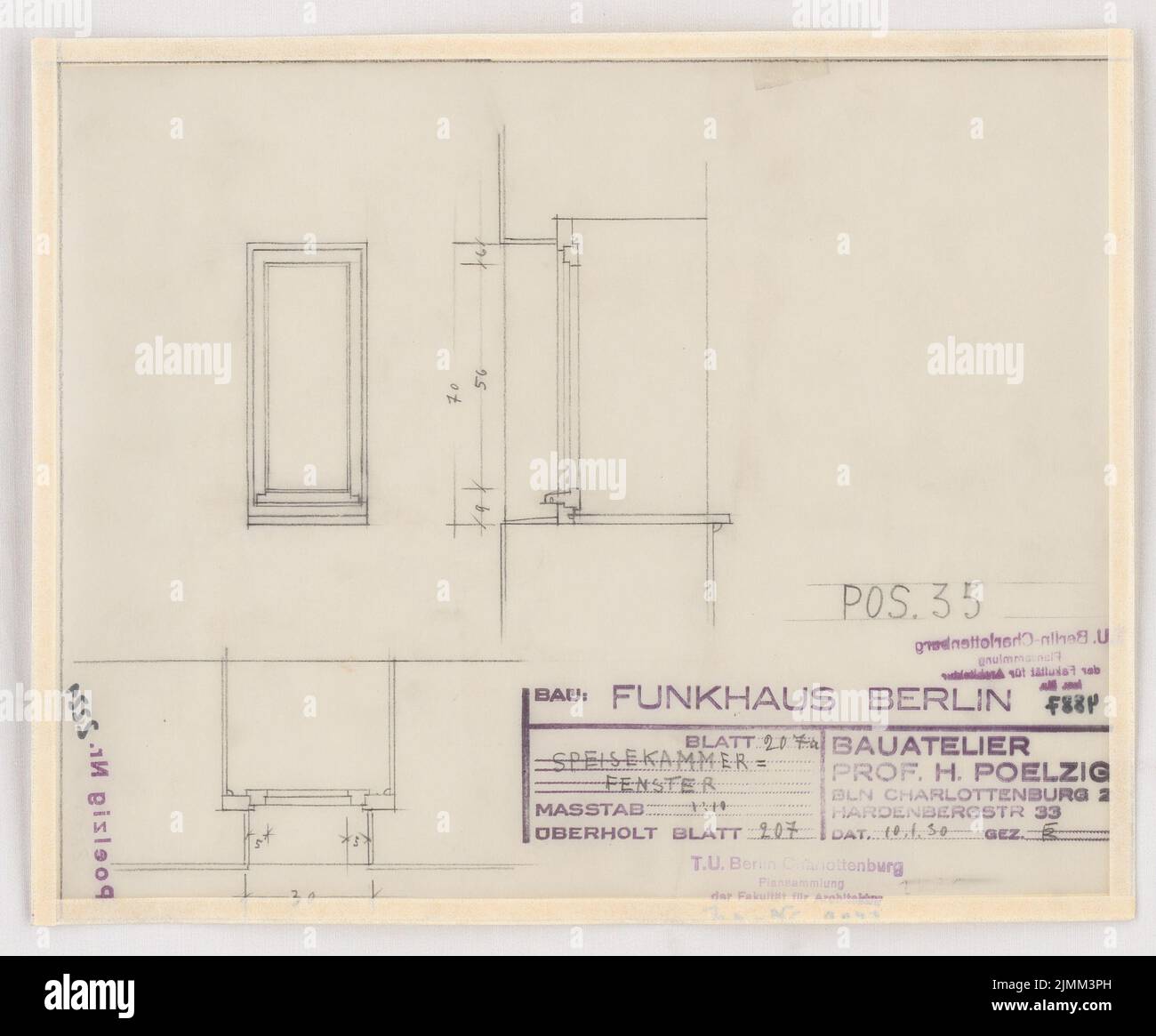 Poelzig Hans (1869-1936), Haus des Rundfunks, Berlin (10. Januar 1930): Ausführungsprojekt, Speisefenster, Vergehen, Schnitte 1:10. Bleistift auf Transparent, 24 x 29 cm (einschließlich Scankanten) Stockfoto