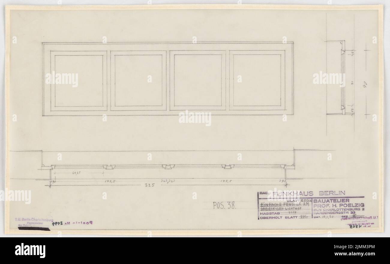 Poelzig Hans (1869-1936), Haus des Rundfunks, Berlin (10. Januar 1930): Ausführungsprojekt, kleines Atrium, Einfaches Fenster, aufrecht, Grundriß, Schnitt 1:10. Bleistift auf Transparent, 32,9 x 54 cm (einschließlich Scankanten) Stockfoto