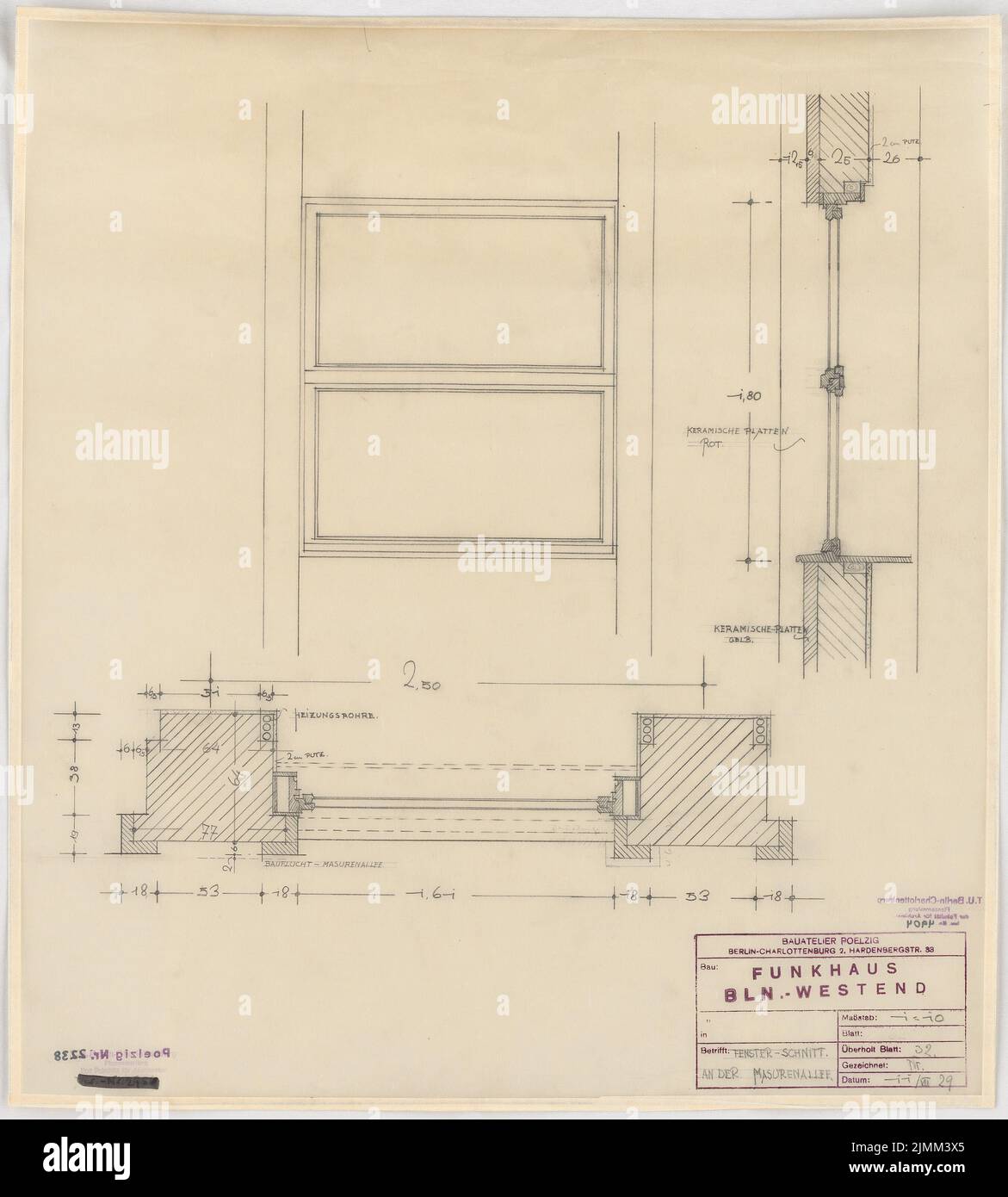 Poelzig Hans (1869-1936), Haus des Rundfunks, Berlin (11. Juli 1929): Ausführungsprojekt, Fensterausschnitt in der Masurenallee 1:10. Bleistift auf Transparent, 56,3 x 50,7 cm (einschließlich Scankanten) Stockfoto