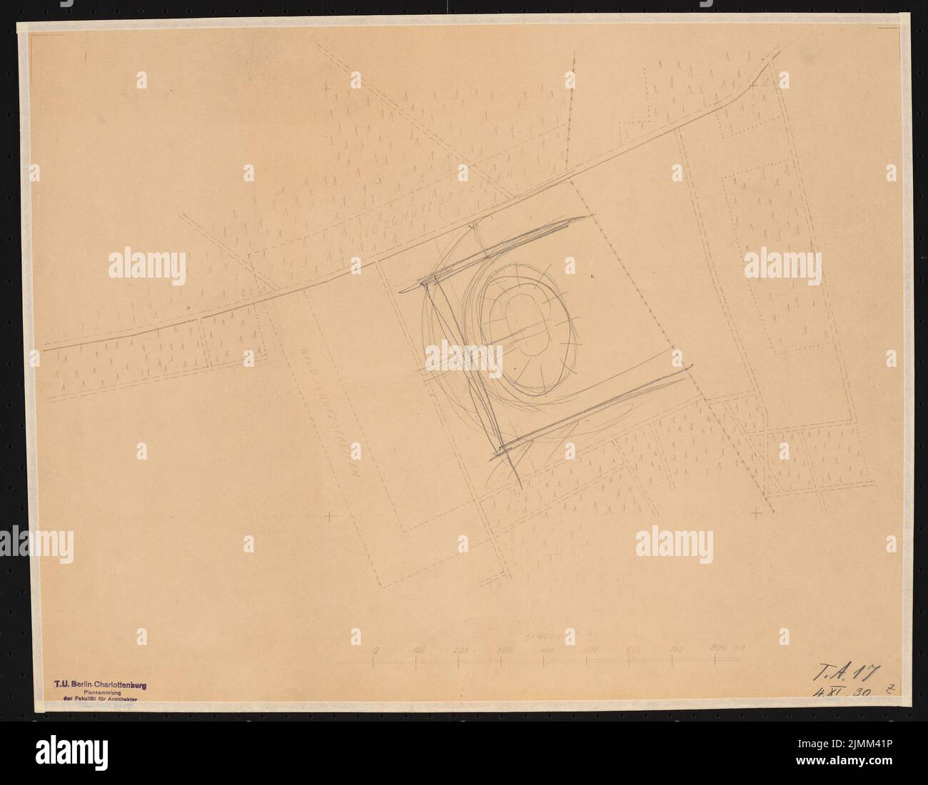 Poelzig Hans (1869-1936), Tonfilmstudio, Berlin-Gatow (04.11.1930): Ovaler Grundriß auf Lageplan 1: 4000. Bleistift über leichtem Bruch auf Papier, 42,1 x 54,2 cm (einschließlich Scankanten) Stockfoto