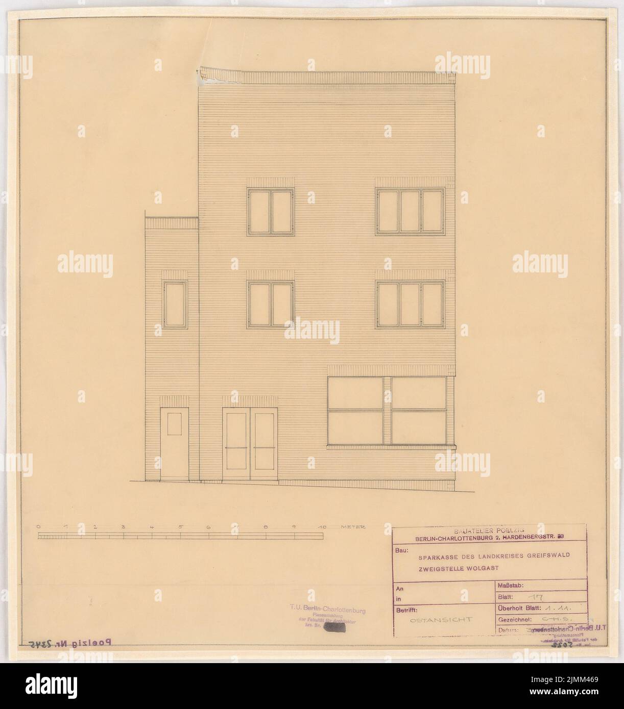 Poelzig Hans (1869-1936), Kreissparkasse Wolgast (04/30/1931): Ausführungsprojekt, Ostansicht 1:50. Bleistift auf Transparent, 46,5 x 43,7 cm (einschließlich Scankanten) Stockfoto