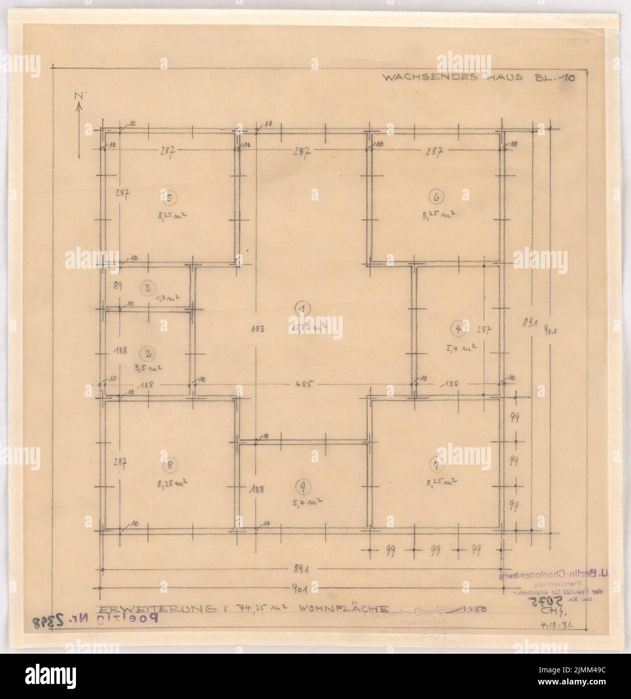 Poelzig Hans (1869-1936), das wachsende Haus (04.10.1931): Holzkonstruktion, Grundrisserweiterung 1:50. Bleistift auf Transparent, 29,1 x 28 cm (einschließlich Scankanten) Stockfoto