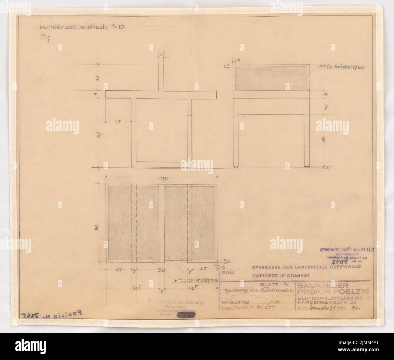 Poelzig Hans (1869-1936), Kreissparkasse Wolgast (11,1931): Ausführungsprojekt, Schreibtisch im Kundenraum, Aussicht, Betreuung 1:10. Bleistift auf Transparent, 32,5 x 38,5 cm (einschließlich Scankanten) Stockfoto