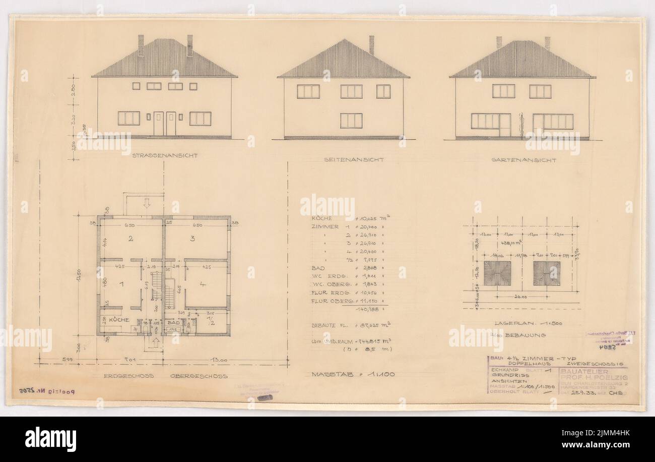 Poelzig Hans (1869-1936), Siedlungspläne für Berlin-Eichkamp (25. September 1933): Doppelhaus zweigeschossig, Grundriß 1: 500, Grundriß, 3 Aufrufe 1: 100. Bleistift auf Transparent, 43,5 x 68,4 cm (einschließlich Scankanten) Stockfoto