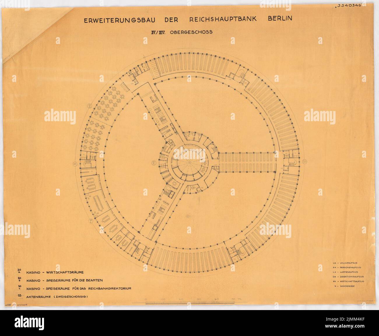 Poelzig Hans (1869-1936), Reich Hauptbank, Berlin. Erweiterung (1932): Grundriss 7./8. OG 1: 200. Tinte auf Transparent, 87,2 x 106,6 cm (einschließlich Scankanten) Stockfoto