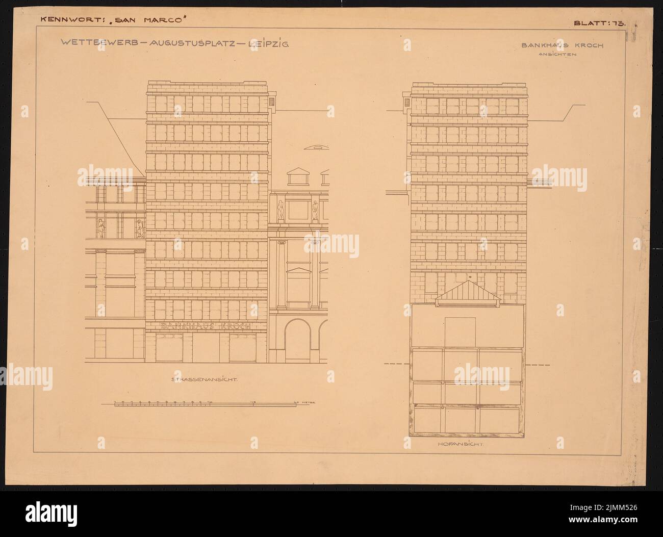 Poelzig Hans (1869-1936), Augustaplatz, Leipzig. Redesign (1927): Bankhaus Kroch, Schnitt, Ansichten 1: 100 (aus Inv L 5313, S. Leichter Bruch auf Papier, 55,8 x 75,3 cm (einschließlich Scankanten) Stockfoto