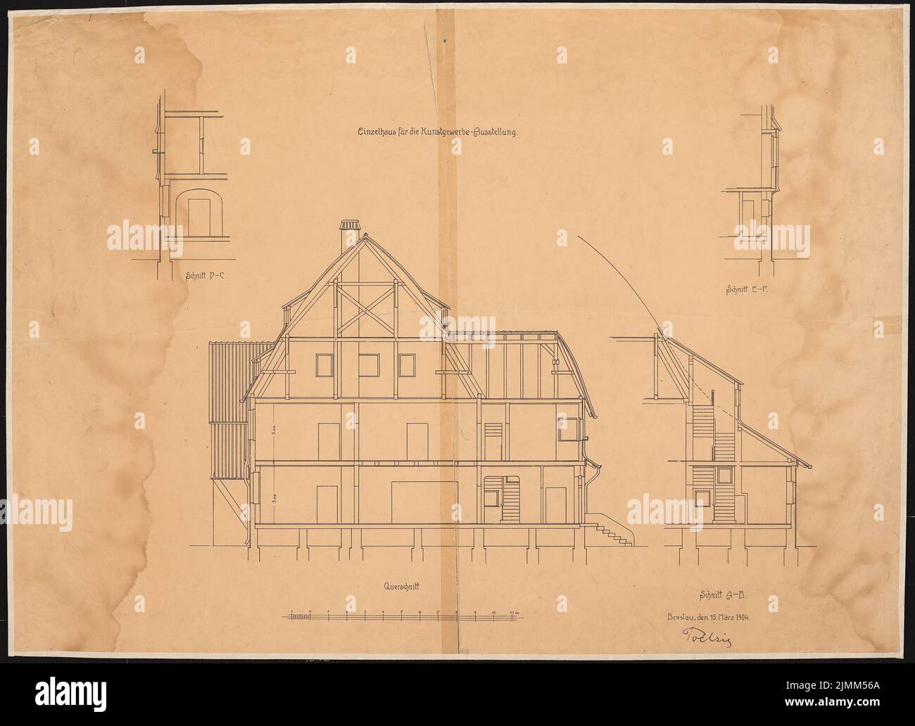 Poelzig Hans (1869-1936), Kunst- und Handelsausstellung 1904 in Breslau. Einfamilienhaus (15. März 1904): Querschnitt, 3 Teilschnitte 1:50. Leichter Bruch auf Papier, 70 x 96,6 cm (einschließlich Scankanten) Stockfoto