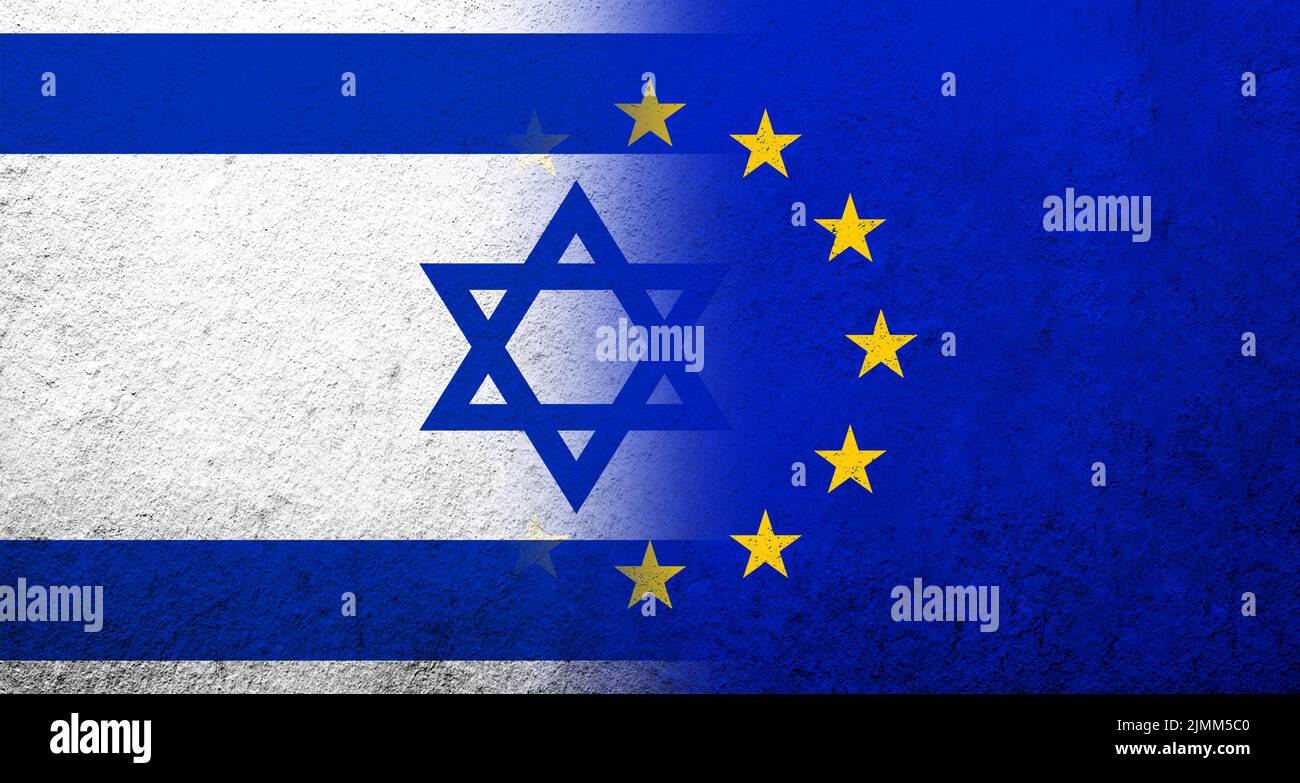 Flagge der Europäischen Union mit Staat Israel Nationalflagge. Grungen Hintergrund Stockfoto
