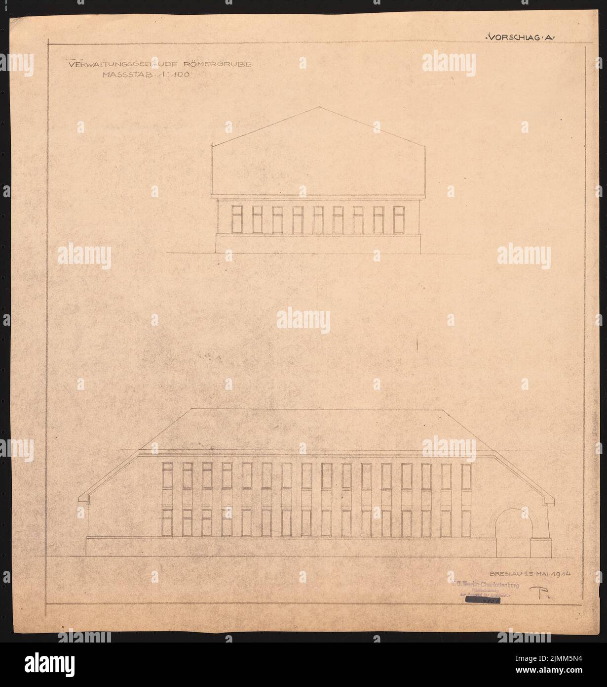 Poelzig Hans (1869-1936), Verwaltungsgebäude in Römergrube bei Rybnik (25. Mai 1914): Vorschlag A, 2 Aufrufe 1: 100. Leichter Bruch auf Papier, 50,4 x 47,7 cm (einschließlich Scankanten) Stockfoto